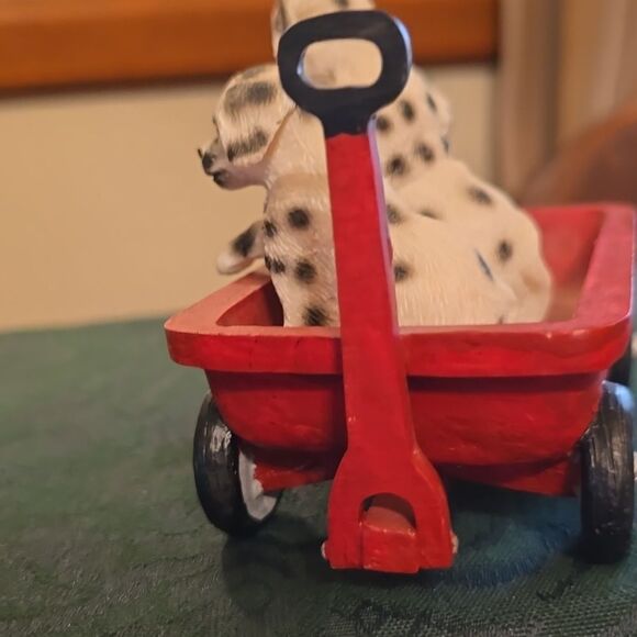 Vintage Young 3 playful Dalmatians in a red wagon 4 in wide 3 in tall - Picture 6 of 6